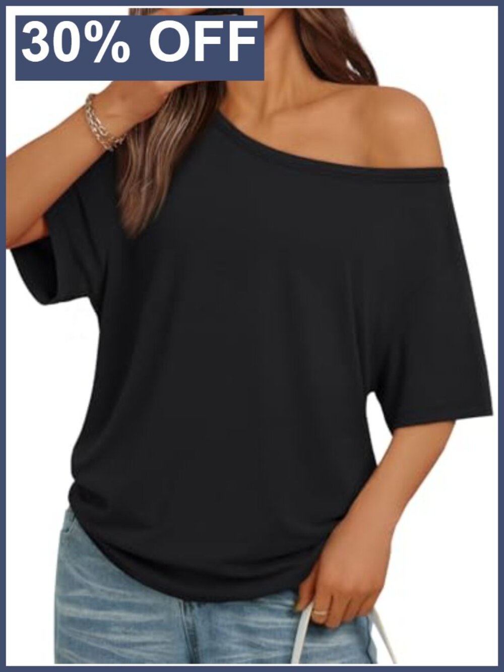 Black Off Shoulder T-Shirt 92% Rayon 8% Spandex Oversized Casual